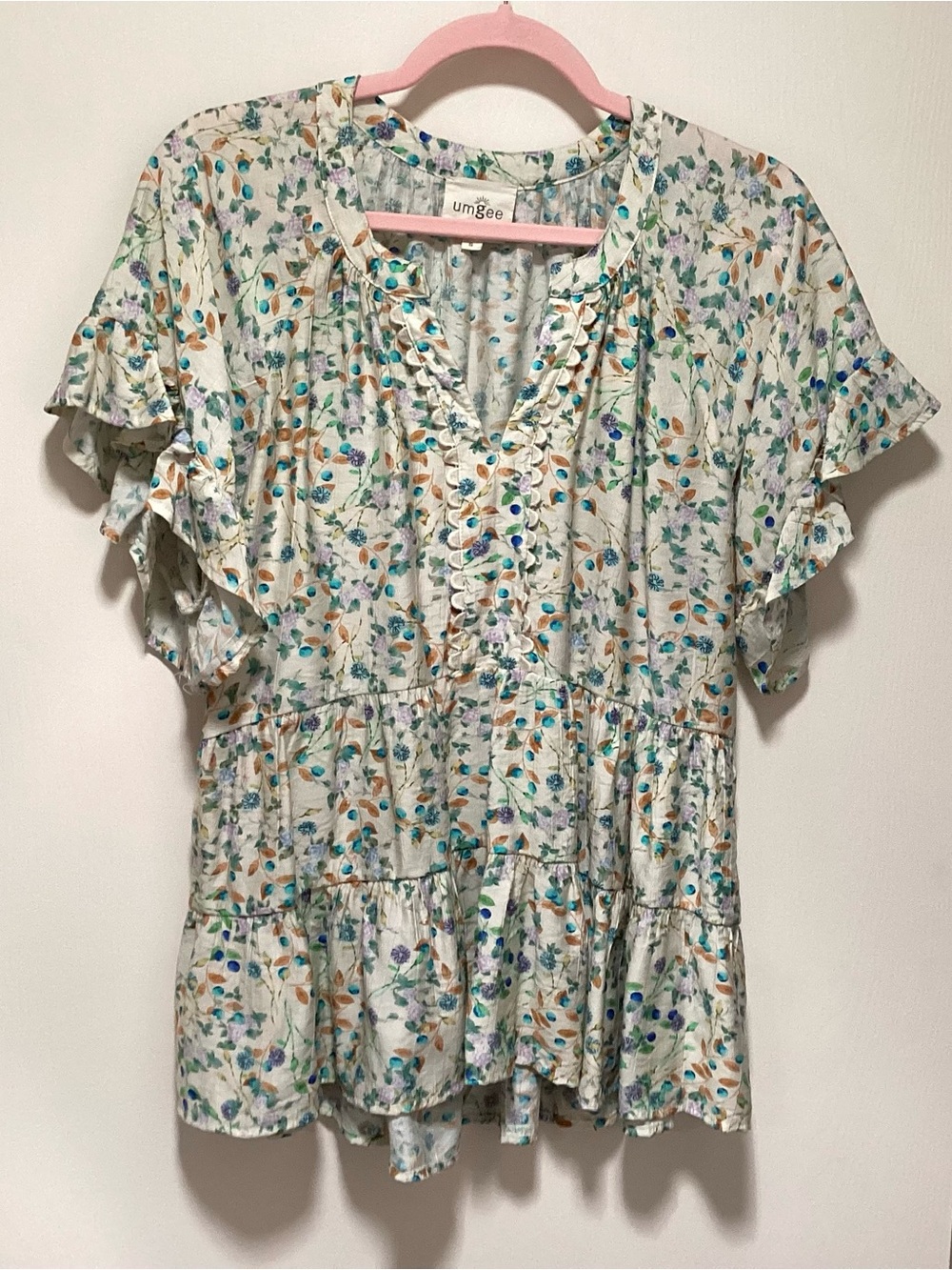 Umgee Cream Floral Ruffle Tiered Peplum Blouse